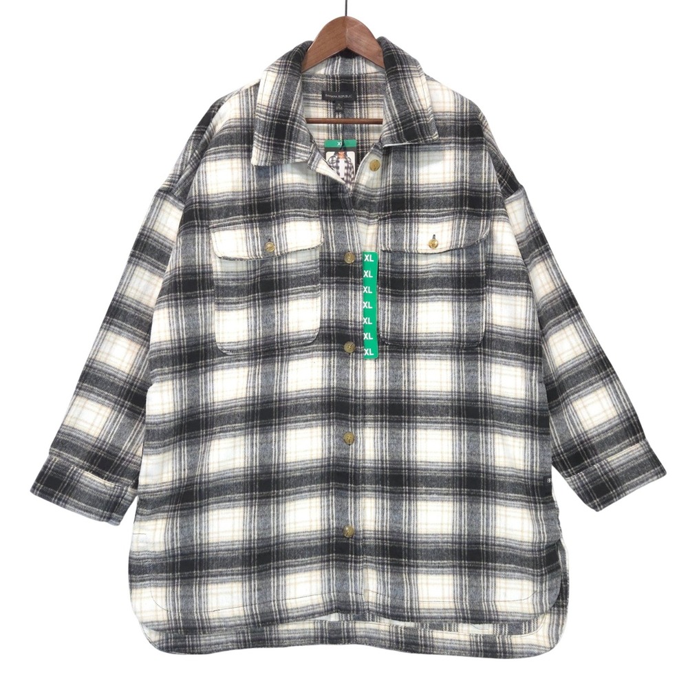 Banana Republic Plaid Wool Blend Shacket Women XL Black White Flannel Shirt NWT